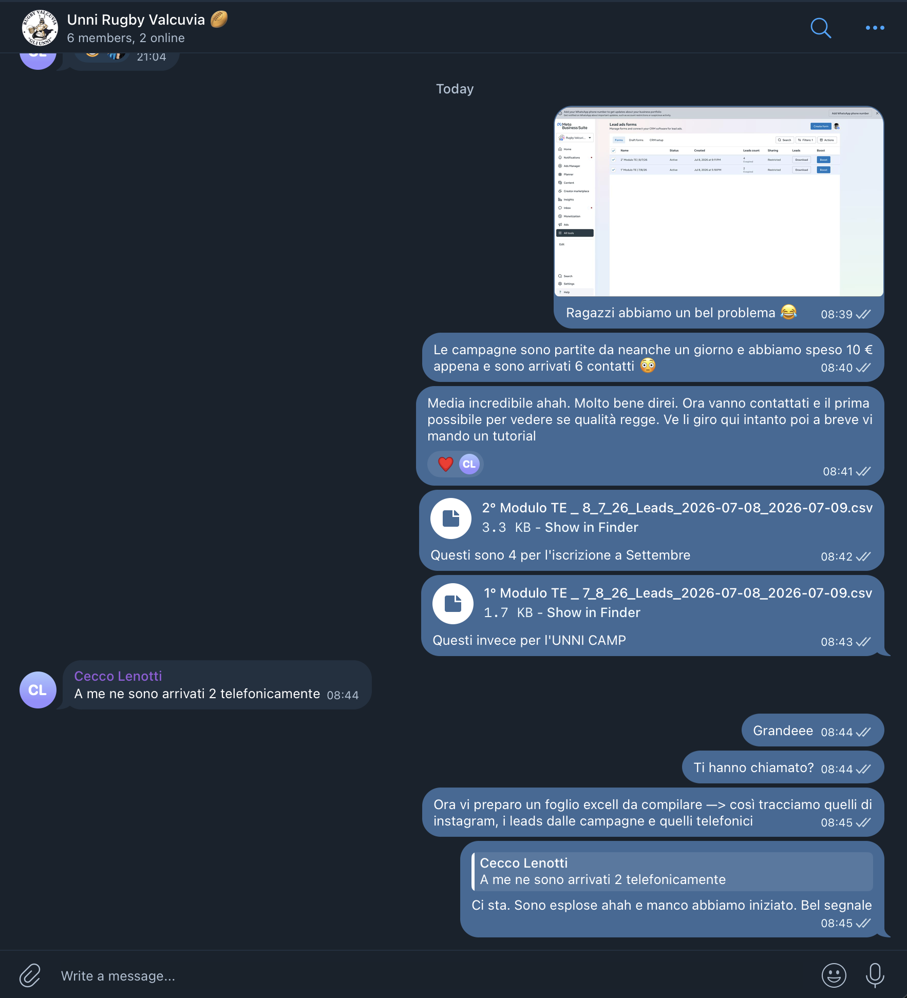 Screenshot Telegram: 6 lead in meno di 24 ore per Rugby Valcuvia con 10€ di spesa pubblicitaria